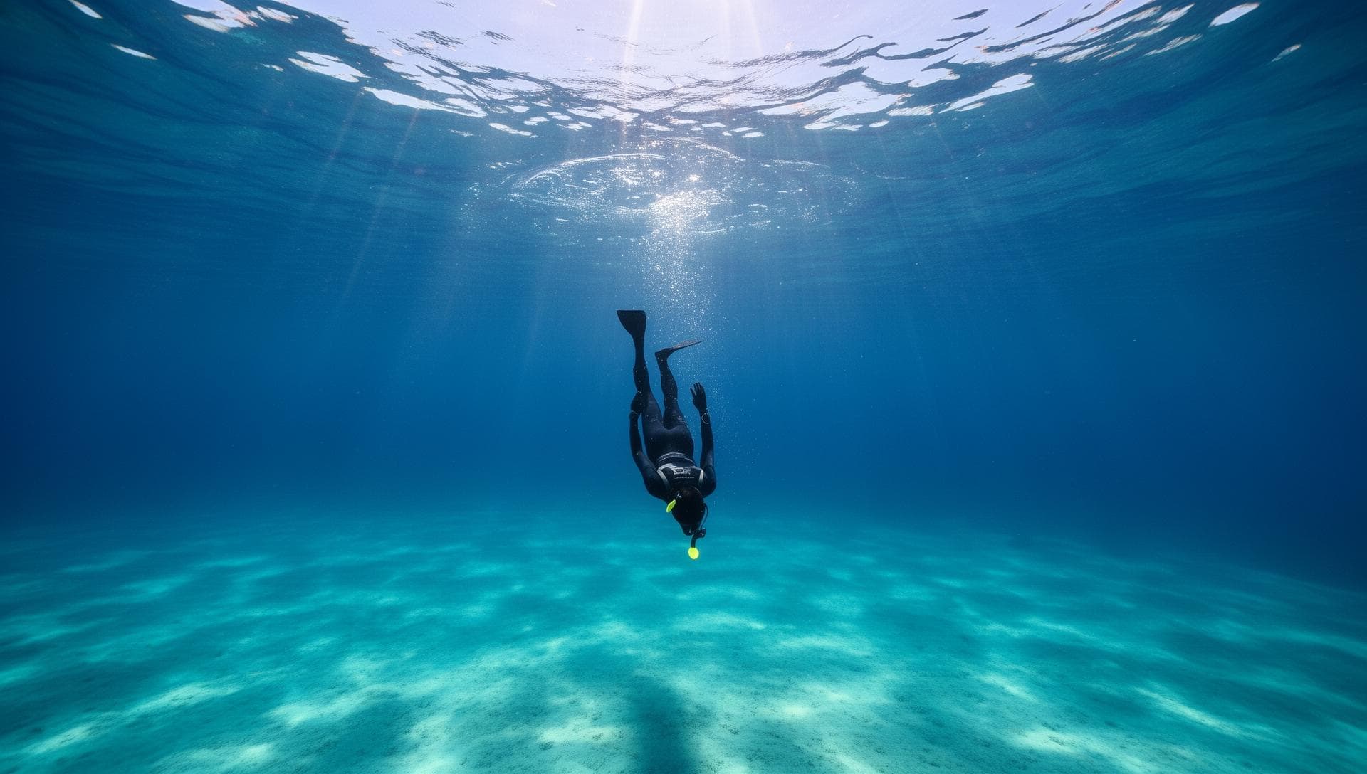 Freediver gleitet entspannt durch tiefblaues Wasser